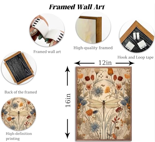 Framed Vintage Dragonfly Canvas Wall Art Picture Boho Natural Poster Prints Farmhouse Cottagecore Wall Decor for Living Room Bedroom 12x16in - color: Dragonfly, size: 16"L x 12"W