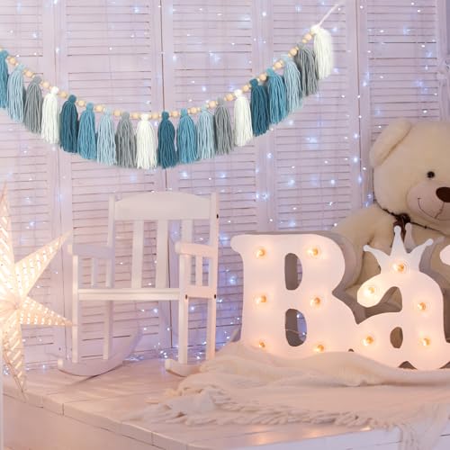 GIAUMA Dusty Blue Yarn Tassel Garland with Wood Beads Boho Bunting Banner Wall Hanging Tassels for Classroom Nursery Room Kids Bedroom Baby Shower Birthday Party Dorm Office Wedding Decor - color: Light Blue