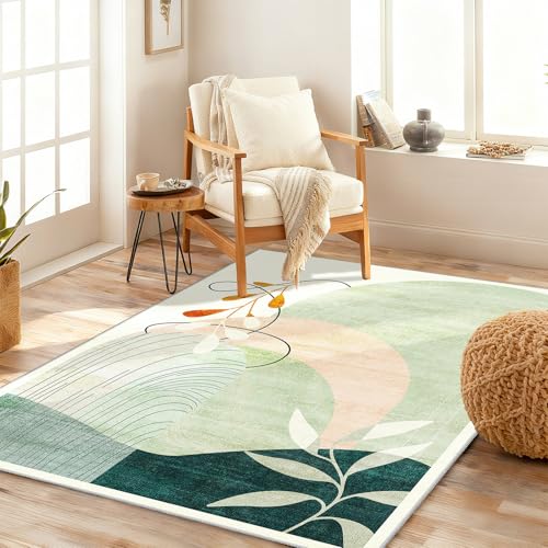 MUJOO 3x5 Washable Rugs,Boho Large Area Rug for Entryway Kitchen Entry Bedroom Bedside Foyer,Small Throw Carpet Indoor Non Slip Mid Century Modern Abstract Botanical Geometric Accent Green - color: Green（modern）, size: 3' x 5' (Rectangular)