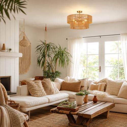 22” Boho 2-Tier Rattan Ceiling Light Fixture, 5-Light Flush Mount Woven Chandelier for Bedroom, Dining Room, Kitchen, Entryway, Living Room, Rustic Gold Lighting - color: Pattern C