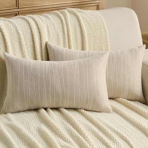 FUTEI Pack of 2 Dyeing Chenille Throw Pillow Covers 12x20 Inch Soft Line Textured Decorative Lumbar Pillowcases Modern Farmhouse Accent for Couch Living Room, Dyeing Beige - color: Dyeing Beige, size: 20" x 12" (Pack of 2)