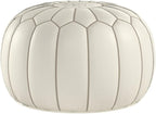 Stuffed Round Design Moroccan Leather Pouf Ottoman, Handmade, Pre-Filled, 100% Genuine Leather, 13” Height x 20” Diameter, Footstool & Living Room Décor (White with Grey Stitches)