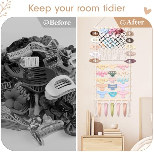SNOWSTAR Macrame Hair Claw Clip Organizer,Large Capacity Mesh Bag Scrunchies Holder and Hair Ties Organizer for Women Girls,Hair Accessorie Hanging Storage Home Decor Wall,Door - color: Hook