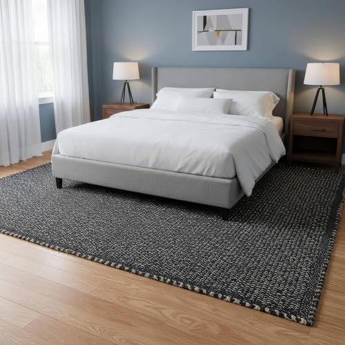 Black 8x10 Cotton Jute Rug Braided Construction - Farmhouse Woven Carpet - Mid-Century Modern Floor Covering for Bedroom Living Room, 8' x 10' - color: Black, size: 8' x 10'