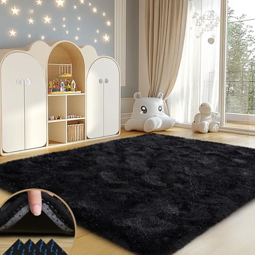 Mugorn Black Rugs for Living Room, 4x6 Feet Large Fluffy Area Rugs for Bedroom, Soft Carpet Shag Kids Rug for Nursery, Bedside, Indoor, Dorm Decor (4ft x 6ft, Black) - color: Black, size: 4ft X 6ft