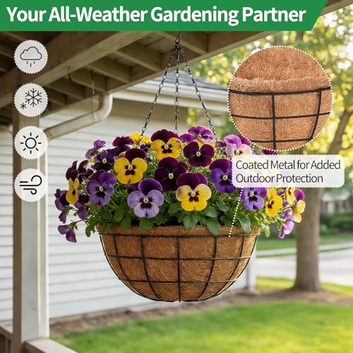 16 Inch Hanging Planters for Outdoor Plants,4 Pack Large Hanging Baskets for Plants Outdoor Metal Hanging Baskets with Thick Coco Coir Liners, Round Flower Pots for Porch Garden Ferns & Petunias - size: Large-16inch