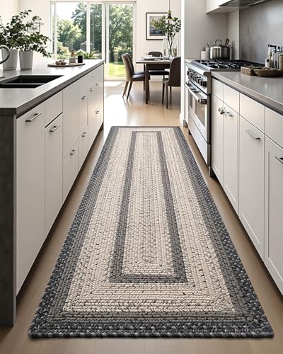 DEXI Woven Hallway Runner Rug, 3x8 Rustic Braided Vintage Carpets, Non Slip Indoor Outdoor Farmhouse Floor Rugs for Entryway, Kitchen, Laundry Room, Black/Ivory - color: Black/Ivory, size: 3' X 8' (Runner)