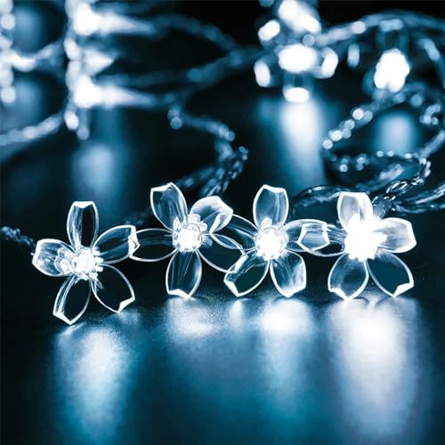 JACUXLSS Fairy Cool White Flower String Lights, 33ft 100 LED Plug in 8 Lighting Mode Cherry Blossom Indoor Wall Ceiling Window Decorations, Aesthetic Lamp Decor for Christmas Holiday Easter Bed Room - color: White