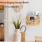 Hanging Magazine Basket, Woven Wall Magazine Holder Organizer with Handle for Mail, Files, Books - Water Hyacinth Farmhouse Storage Rack for Bathroom, Kitchen, Office