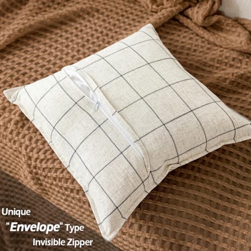 CARRIE HOME White Plaid Throw Pillow Covers 22x22 Set of 2, Couch Decorative Linen Farmhouse 22 x 22 Pillow Covers, White Striped Boho Living Room Decor Pillows - color: Beige & Black Plaid Set of 2, size: 22" x 22" (Pack of 2)