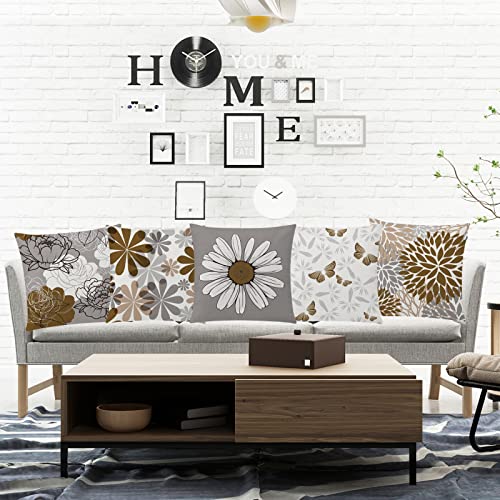 COMMINY Brown Grey Pillow Covers 20x20 Set of 6 Decorative Daisy Flower Throw Pillow Cover for Couch Modern Coffee Pillow Case for Patio Living Room Cushion Bed Farmhouse Home Decor - color: Grey Brown, size: 20" x 20" (Pack of 6)
