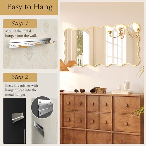 Kelly Miller 24x48 Inch Gold Scalloped Mirror, Large Rectangular Wavy Edge Bathroom Vanity Wall Mirror Decorative for Bedroom Living Room Entryway Fireplace Mantle - size: 48"L x 24"W