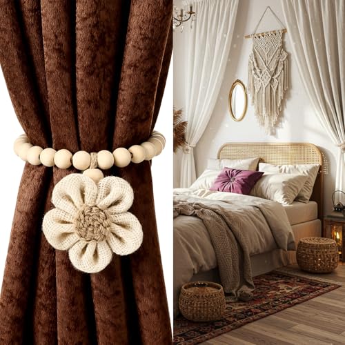 2 Pcs Beaded Sunflower Magnetic Curtain Tiebacks Boho Wooden Curtain Tie Backs for Farmhouse Curtains Holders for Bedroom Decor Baby Nursery Decor for Home Office(Linen,Classic Style) - style: Classic Style