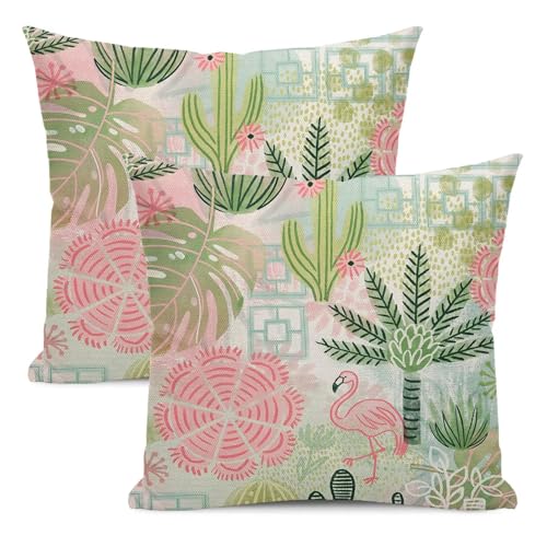 Boho Pink Green Floral Pillow Covers 18x18 Set of 2, Colorful Neutral Outdoor Decorative Botanical Flowers Tropical Leaves Throw Pillows Retro Flower Couch Cushion Case for Chair Sofa Bedroom - color: Vc11, size: 18" x 18" (Pack of 2)