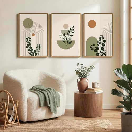 3 Piece Framed Abstract Boho Wall Art for Living Room, Large Sage Green Botanical Plant Canvas Artwork for Walls, Minimalist Geometric Prints Paintings for Bedroom Dining Room Hallway 16x24 Inch - color: Green Orange, size: 24" H x 16" W x 3Pcs