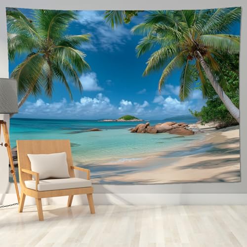 keowhsf Beach Summer Ocean Tapestry – Tropical Palm Trees Wall Hanging Decor with Blue Sky and Seaside Scenery, Nature Landscape Tapestry for Bedroom Living Room Dorm - color: SummerBeach, size: 48"L x 36"W