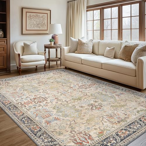 Bavni Washable Area Rugs 8'x10' Clearance for Living Room Boho Tumble Vintage Large Carpet Farmhouse Non Slip Thin Distressed Rug for Bedroom Dinning Room, Ivory Beige Blue Multi - color: Ivory/Teal, size: 8' x 10' (Rectangular)