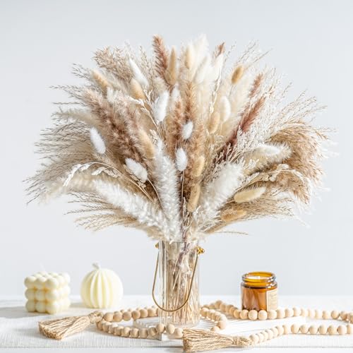 130PCS Natural Dried Pampas Grass Boho Home Decor Bouquet Phragmites Dried Flowers Bouquet for Wedding Floral Arrangements Living Room Decorations (130PCS) - size: 130 Pcs