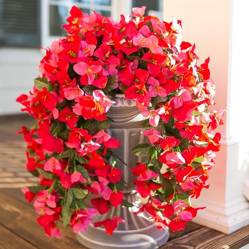 Faux Bougainvillea Artificial Flowers Plants for Outdoors Outside Decoration, 2 pcs Fake Flowers Realistic UV Resistant Silk Long Trailing Vines for Front Door Porch Planter Urn Patio Balcony Yard,Mix - color: Red + Hot-pink