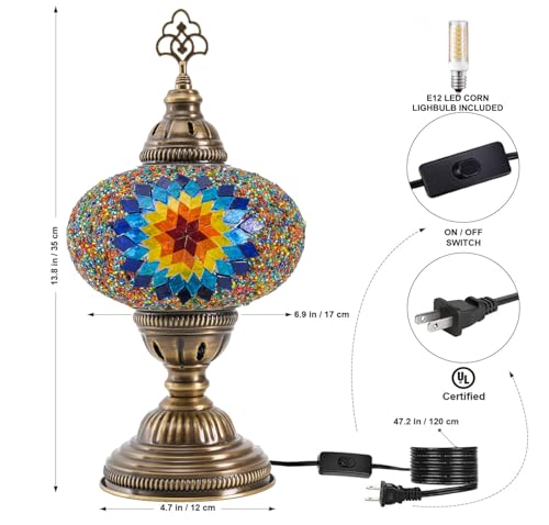 Turkish Mosaic Lamp with Bulb – Handmade Star Fire Stained Glass Table Light, Antique Bohemian Vintage Decor for Bedroom or Living Room, E12 Socket - color: Star Fire