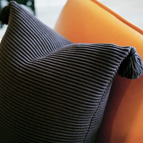 100% Soft Cotton Raised Stripes Textured Rib Knit Throw Pillow Cover with Tassels (Black, 20" x 20") - color: Black, size: 20" x 20" (Pack of 1)