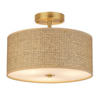 13" Woven Rattan Boho Ceiling Light Fixture, 3-Light Modern Semi Flush Mount Lamp with Drum Fabric Shade, Rustic Brown Lighting for Bedroom, Dining Room, Living Room, Hallway, Entryway - color: Deep Brown