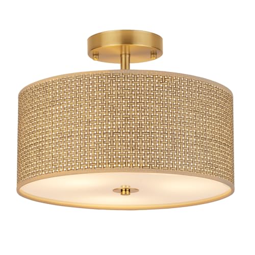 13" Woven Rattan Boho Ceiling Light Fixture, 3-Light Modern Semi Flush Mount Lamp with Drum Fabric Shade, Rustic Brown Lighting for Bedroom, Dining Room, Living Room, Hallway, Entryway - color: Deep Brown