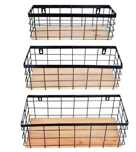 ShabbyDecor Metal Wire Basket Detachable Wood Base Storage Organizer Farmhouse Hanging Basket for Kitchen Cabinets, Bathroom, Pantry, Laundry Room Set of 3,Black Color - color: Black, size: Small&Medium&Large