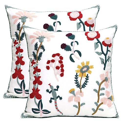 Pack of 2 Embroidered Decorative Throw Pillow Cover 18x18 Inch Farmhouse Floral Pillowcase for Living Room Sofa Bed (Gecko Floral) - color: Gecko Floral