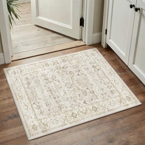 2x3 Beige Washable Neutral Area Rug for Living Room Soft Floral Non Slip Throw Rug Modern Low Pile Stain Resistance Doormat Distressed Carpet Entrance Dining Laundry Room Kitchen Bathroom - color: Neutral | Beige, size: 2'x3'