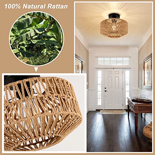 Boho Light Fixtures Ceiling Mount,Mini Rattan Chandelier Light Fixture with Dimmable LED Bulb,Hand Woven Ceiling Light Fixtures Flush Mount for Hallway Bedroom Kitchen Entryway Living Room - color: B-brown