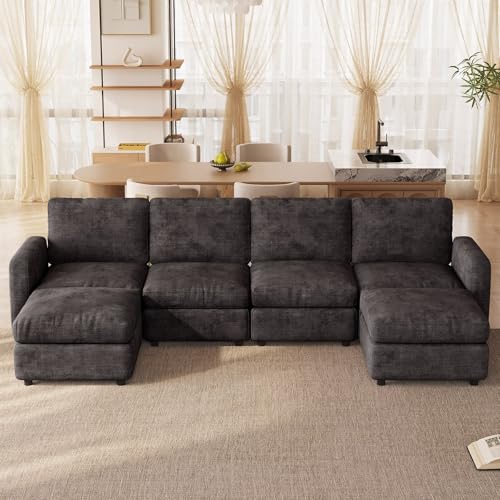 Guyii Modular Sectional Sofa with Storage Ottomans U Shaped Convertible Couch Sofa 6 Seater Fabric Upholstery Sofa Thick Back Soft Seats for Living Room Bedroom Hotel Dark Gray - color: Dark Gray, size: 6 seater(with 2 ottomans)