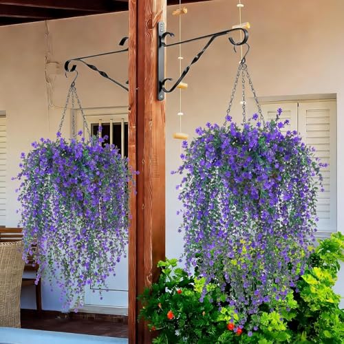 2 Set Artificial Flower Hanging Baskets for Outdoors, 20Pcs Fake Hanging Plants, Outdoor Faux Flowers UV Resistant for Spring Summer Porch Patio Garden Home Decoration (Purple) - color: Purple
