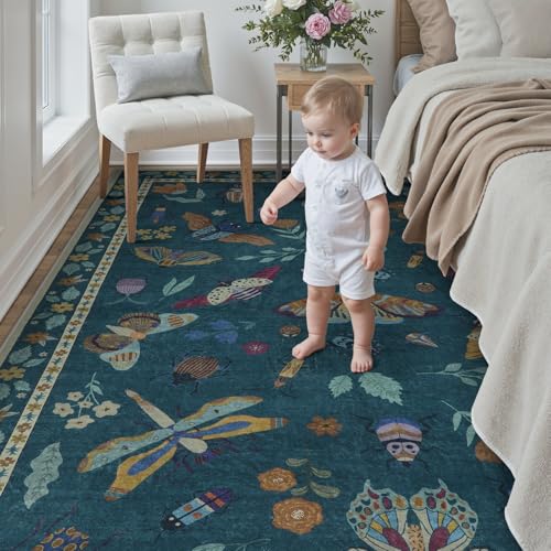 Beeiva Insect Print Bedroom Rug 8x10 Under Bed Non Slip, Foldable Washable Rugs 8x10, Low Pile 8 x 10 Area Rug for Bedroom Large Carpet for Kids Room Playroom Living Room Dorm Decor(Dark Green,8x10ft) - color: Dark Green, size: 8' x 10' (Rectangular)