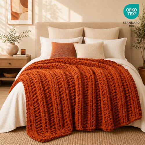 Battilo Chunky Knit Throw Blanket for Couch, Hand Made Chenille Throw Blanket, Super Soft Warm Cozy Caramel Blanket for Bed, Sofa, Living Room, 50"x60" - color: Caramel