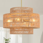 17.7"Boho Rattan Chandelier Light Fixture,4-Light Hand Woven Wicker Pendant Light Fixture Farmhouse Rustic Hanging Ceiling Lamp for Kitchen Island Bedroom, Dining Room, Living Room, Entryway, Foyer - style: Boho-Round-17.7in
