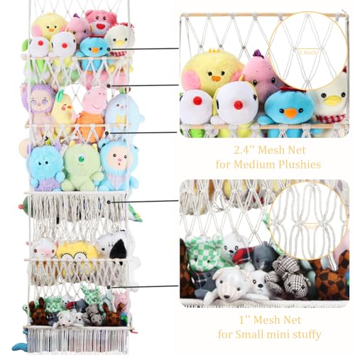 5 Tier Stuffed Animal Storage Shelf Net, 17x61 Inch Large Plushie Net w/LED Light & Clips for Mini Medium Stuffy Teddy, Beige Boho Macrame Wall Toy Holder Display for Nursery Kids Girls Boys - color: Beige, size: Large-5 Tier-17x61 Inch
