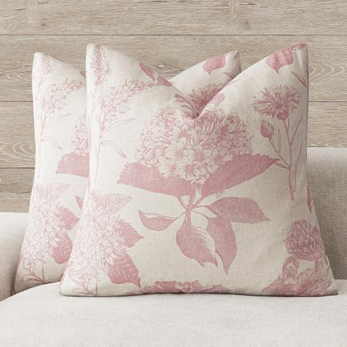 Foindtower Set of 2 Linen Floral Throw Pillow Covers Neutral Vintage Print Decorative Cozy Cushion Covers Farmhouse Boho Home Decor for Sofa Chair Couch Bedroom Living Room,18×18 Inch,Light Pink - color: Light Pink, size: 18" x 18" (Pack of 2)