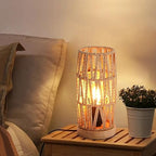 Bamboo Rattan Table Lamp for Living Room, Boho Handmade Woven Cylinder Lampshade Standing Lamp with Natural Wooden Base, Industrial Wicker Desk Light Decoration for Bedroom, Farmhouse