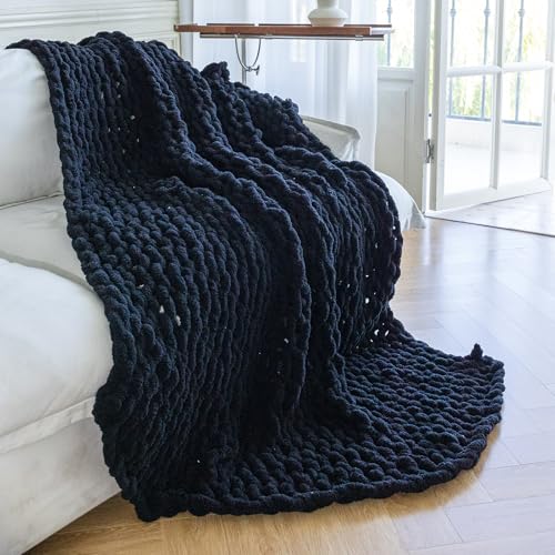 Chunky Knit Blanket - Luxury Soft Cozy 80 * 90 Throw Blanket,100% Woven Blanket Rope Knot Throw Blanket for Couch, Sofa, Home Decor, Gift - Machine Washable (Black, 80 * 90) - color: Black, size: 80*90