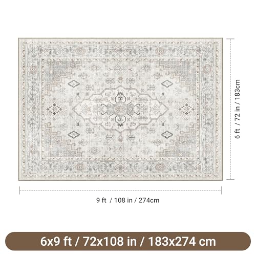 befbee 6x9 Area Rugs for Living Rooms, Stain Resistant Neutral Washable Rugs for Dining Rooms, Floral Vintage Non-Slip Thin Large Size Area Rug(Light Grey) - color: Light Grey, size: 6' x 9' (Rectangular)