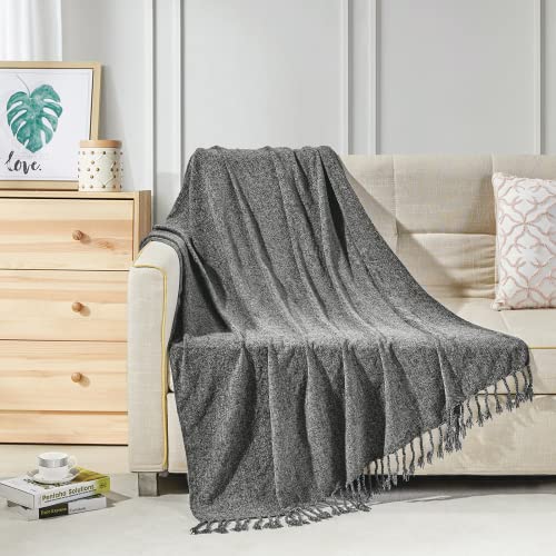 BOURINA Chenille Fluffy Throw Blanket with Decorative Fringe for Couch Cover Sofa Chair Blanket（50×60 Inches） Dark Grey - color: Dark Grey, size: 50"×60"