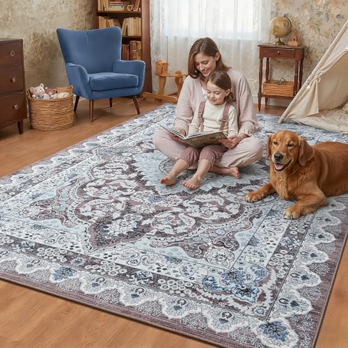 Foxmas 4x6 Area Rugs for Living Room, Machine Washable Vintage Rug, Non-Slip Low Pile Throw Rugs with Rubber Backing Washable Carpet for Bedroom Dining Room Kitchen Home Decor, Brown - color: Brown/Blue, size: 4' X 6' (Rectangular)