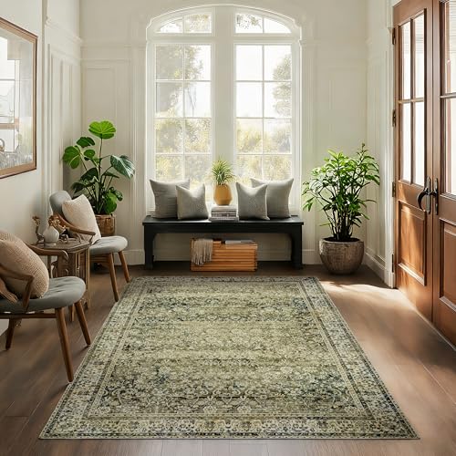 Vintage Design Floral Area Cream Rug Distressed Carpet Washable Non Slip Rug Kitchen Bedroom Dining Room 3x5 Cover Print,Tan Brown and Cream Beige - color: Olive&tan, size: 3' x 5' (Rectangular)