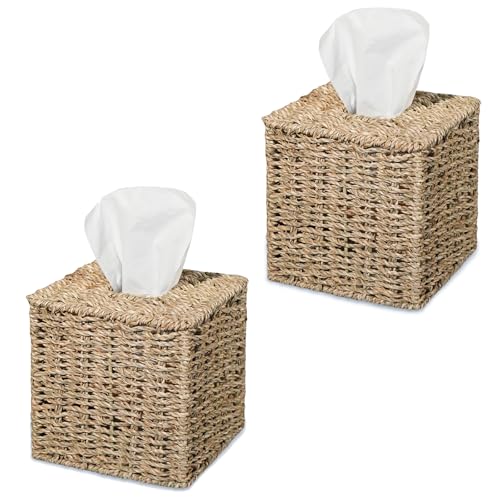 Set of 2 Seagrass Handwoven Wicker Tissue Box Cover, Natural Handmade Napkin Box Holder, Handcrafted Square Facial Tissue Holder for Bathroom, Rustic Decorative on Table and Bathroom,Boho Decorative - color: Seagrass, size: 2 pack