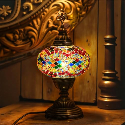 Moroccan Turkish Lamp – Colorfull Mosaic Glass Bedside & Desk Light, Handcrafted Vintage Home Decor with E12 Socket - color: Rainbow-1