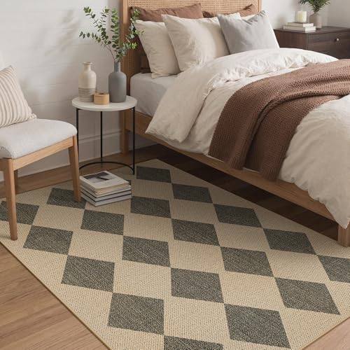 Bavni Checkered Easy Jute Rug,5x7 Area Rug Machine Washable Non Slip Woven Plaid Carpet, Geometric Diamond Non Shedding Low Pile Modern Farmhouse Floor Mat for Living Room, Bedroom, Dining Room - color: Checkered-1, size: 5X7