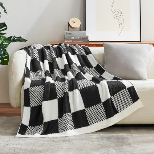Snuggle Sac Checkered Blanket, Black Throw Blanket for Couch Plaid Microfiber Fluffy Warm Fuzzy Cozy Soft Throw Blanket Reversible Checkerered Blankets for Sofa, Chair, Bed, 50x60 inches - color: Checker Black White, size: Throw(50"x60")