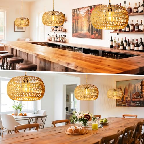 Hanging Light Ceiling Lamp Pendant Lights Rattan Hanging Lamp with Plug in Cord for Living Room Bedroom Kitchen Indoor Hanging Lamp Plug in Woven Lampshade - size: 12.6 Inch - Cylindrical Shade