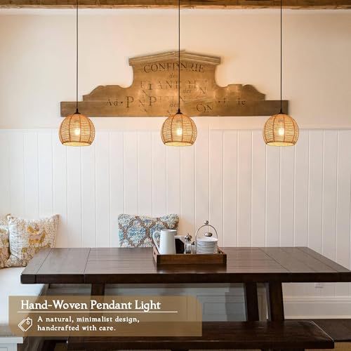 3 Pack Wicker Pendant Light Natural Woven Pendant Light Boho Chandelier Light Fixture Dome Rustic Farmhouse Pendant Lights Rattan Light Fixture for Dining Room Kitchen Island (Bulb Incl.) - color: 8.7" Natural 3-Pack